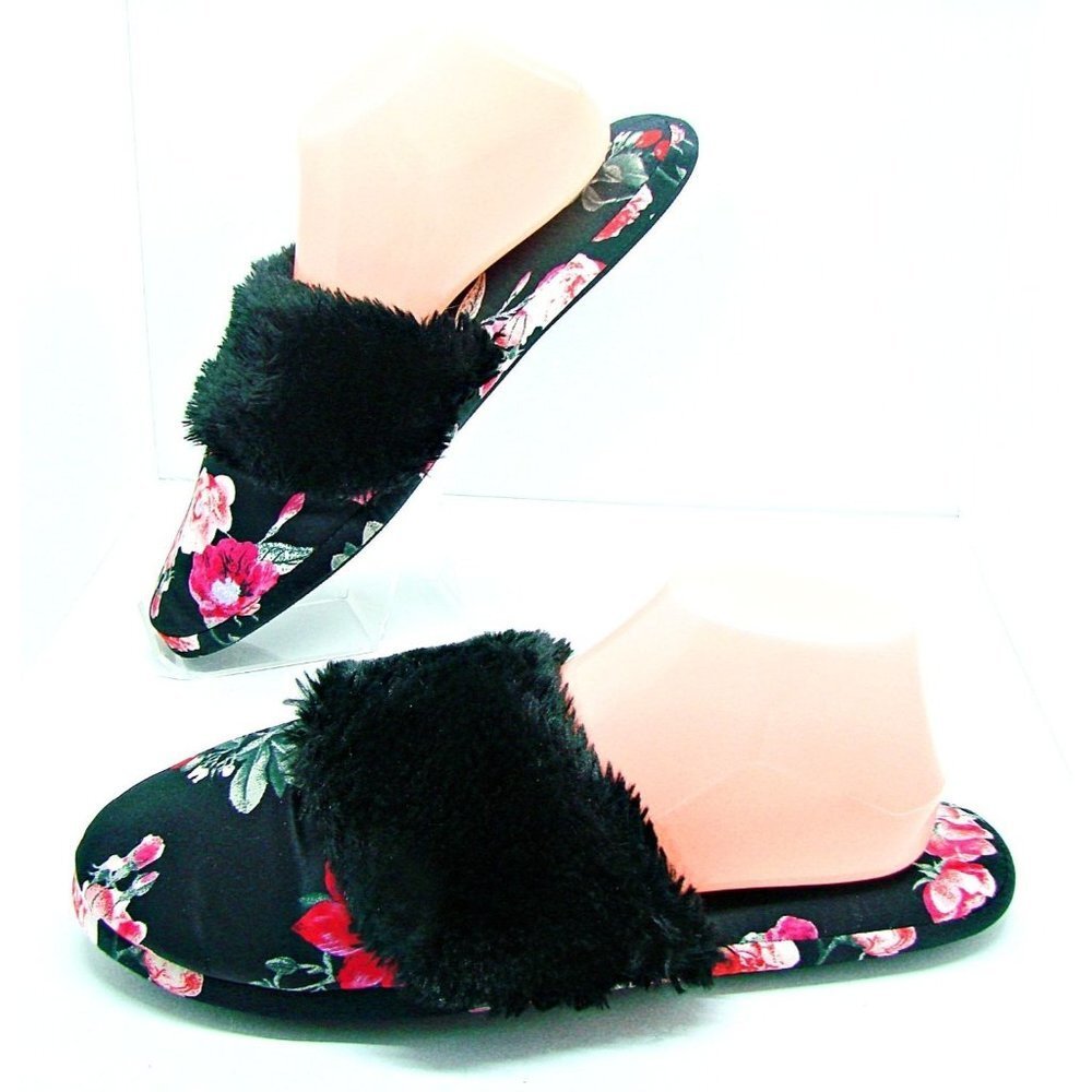 Victorias Secret Signature Black Faux Fur Pink Floral Satin Slippers Large 8-9